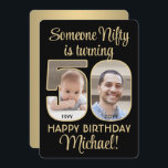 Invitation Nifty Fifty Black & Gold 50th Birthday Party Photo<br><div class="desc">Quelqu'un de nifty a 50 ans ! Famille Invitation et amis à une élégante célébration du cinquantième anniversaire pour lui ou elle avec personnalisation 2 invitations de fête photo. Les images et tout le texte de ce modèle sont simples à personnaliser. (CONSEIL EN MATIÈRE DE PLACEMENT D'IMAGE : Une façon...</div>