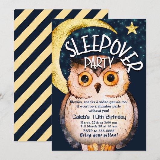 Invitation Night Owen mignon Sleepover Stwood Anniversaire (Devant / Derrière)