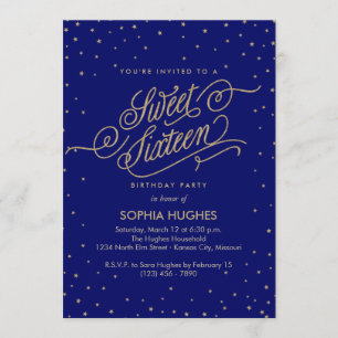 Invitation Night Stars Blue & Gold Sweet sixteen Party