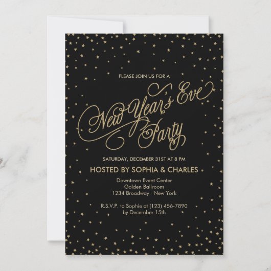 Invitation Night Stars Gold & Black New Year's Eve Party (Devant)