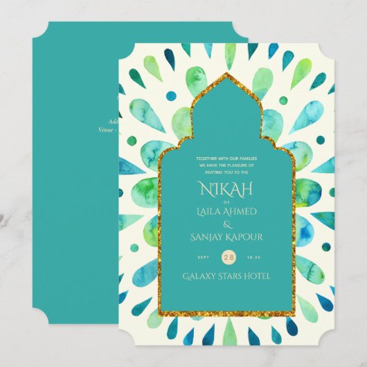 Invitation NIKAH - Mariage moderne Mandala Turquoise Gold (Devant / Derrière)