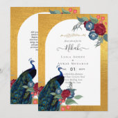 Invitation NIKAH Peacock Floral Gold Frame Mariage islamique (Devant / Derrière)