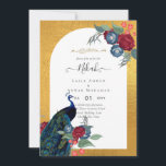 Invitation NIKAH Peacock Floral Gold Frame Mariage islamique<br><div class="desc">Beau Peacock Bleu, avec des fleurs bleues et bordeaux assorties, cadre d'arche en feuille d'or. ⭐ Conception par LeahG™ Fondateur du Low Budget Mariage Network®. Félicitations à votre fiançailles. 📌 NIP cette conception à votre tableau de bord mariage sur Pinterest et profiter de votre voyage de planification mariage. 🥰 Vos...</div>