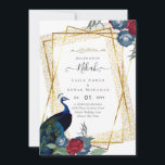 Invitation NIKAH Peacock Floral Gold Frame Mariage islamique<br><div class="desc">Beau Peacock Bleu, avec fleurs bleues et bordeaux assorties, parties scintillant en feuille d'or look cadre géométrique. ⭐ Conception par LeahG™ Fondateur du Low Budget Mariage Network®. Félicitations à votre fiançailles. 📌 NIP cette conception à votre tableau de bord mariage sur Pinterest et profiter de votre voyage de planification mariage....</div>