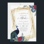 Invitation NIKAH Peacock Floral Gold Frame Mariage islamique<br><div class="desc">Beau Peacock Bleu, avec fleurs bleues et bordeaux assorties, parties scintillant en feuille d'or look cadre géométrique. ⭐ Conception par LeahG™ Fondateur du Low Budget Mariage Network®. Félicitations à votre fiançailles. 📌 NIP cette conception à votre tableau de bord mariage sur Pinterest et profiter de votre voyage de planification mariage....</div>