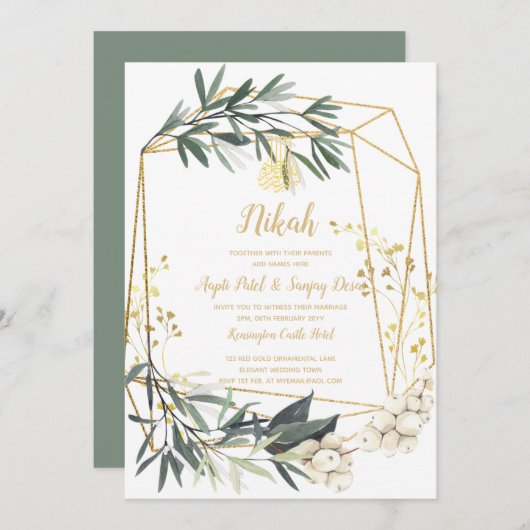 Invitation Nikah - Verdure or Motif islamique Mariage Invitat (Devant / Derrière)
