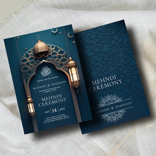 Invitation Nil Bleu islamique 3D Arc Élégant Mehndi Cérémonie