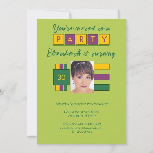 Invitation N'importe quel âge ajouter photo nom vert fête d'a (Devant)