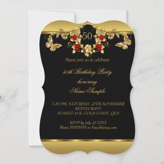 Invitation N'importe quel âge Anniversaire Elégant Or Rouge R (Dos)