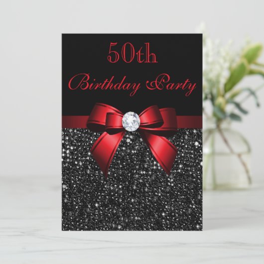 Invitation N'importe quel âge Anniversaire Faux Sequins Bow N (Debout devant)