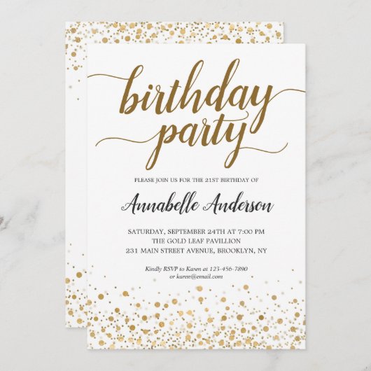 Invitation N'importe quel âge Anniversaire Moderne Gold Confe (Devant / Derrière)