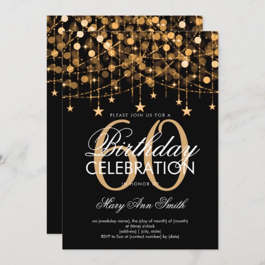 Invitation N'importe quel âge Anniversaire Or Chaîne Lumières (Devant / Derrière)