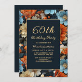 Invitation N'importe quel âge Bleu Orange Fleurs 60e annivers (Devant / Derrière)