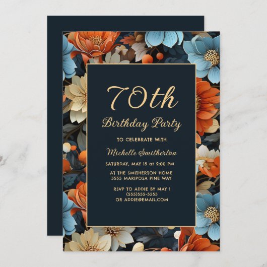 Invitation N'importe quel âge Bleu Orange Fleurs 70e annivers (Devant / Derrière)