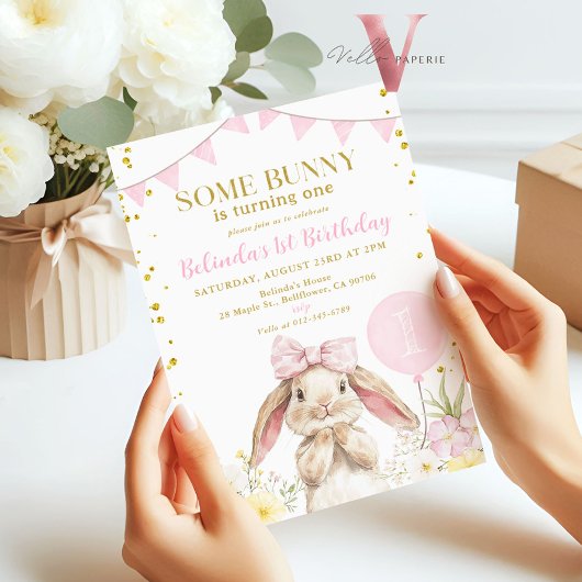 Invitation N'IMPORTE QUEL ÂGE Bunny Pink Aquarelle Fleur sauv