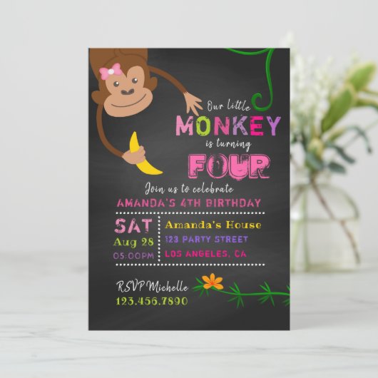 Invitation N'importe quel âge Chalkboard Petit Singe Fille An (Debout devant)