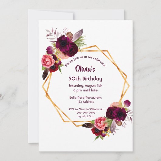 Invitation N'importe quel âge d'anniversaire bordeaux floraux (Devant)