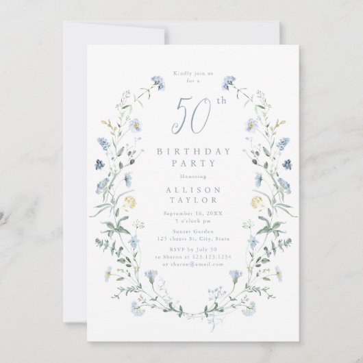 Invitation N'importe quel âge Dusty Blue Fleur sauvage Boho 5 (Devant)