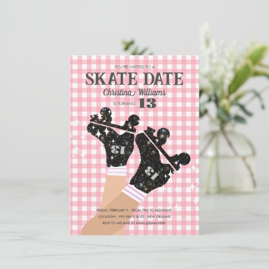 Invitation N'importe quel âge En vichy rose Disco Roller Pati (Debout devant)