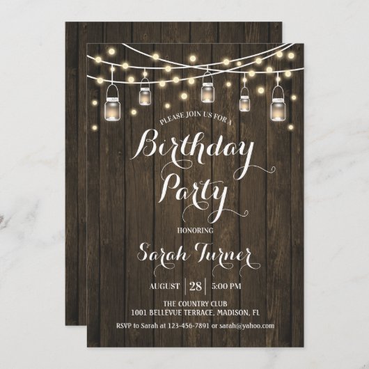 Invitation N'importe quel âge fête d'anniversaire - Bois rust (Devant / Derrière)