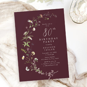 Invitation N'importe quel âge Fleur sauvage Bourgogne Boho 80