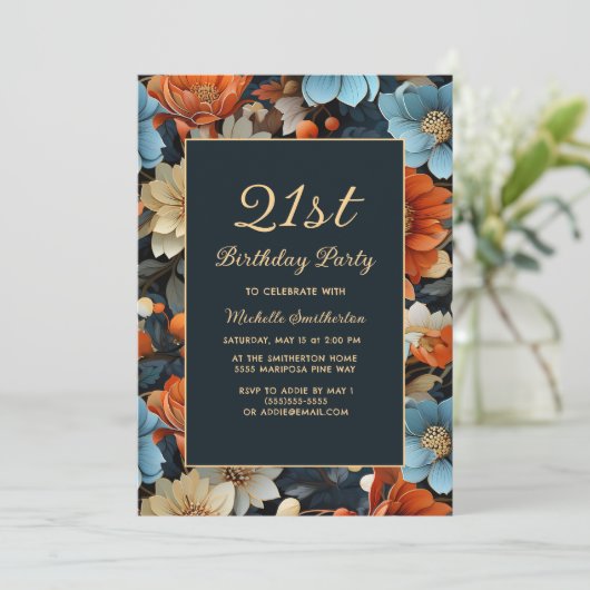 Invitation N'Importe Quel Âge Fleurs Bleues Oranges Anniversa (Debout devant)