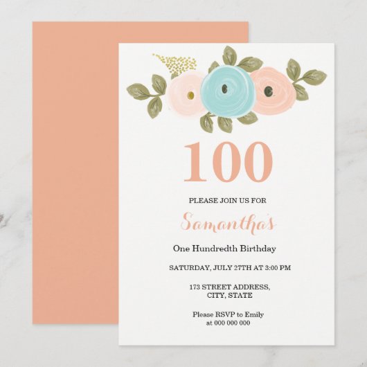 Invitation N'importe quel âge Floral Joli Peach 100e annivers (Devant / Derrière)