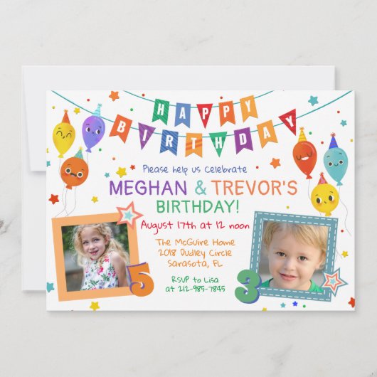 Invitation N'IMPORTE QUEL ÂGE - Joint Dual Sibling Birthday I (Devant)