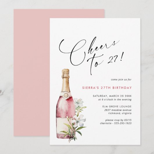 Invitation N'importe quel âge | Joyeux Champagne rose ou vin  (Devant / Derrière)