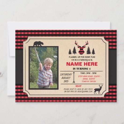 Invitation N'importe quel âge Lumberjack Anniversaire Invitat (Devant)