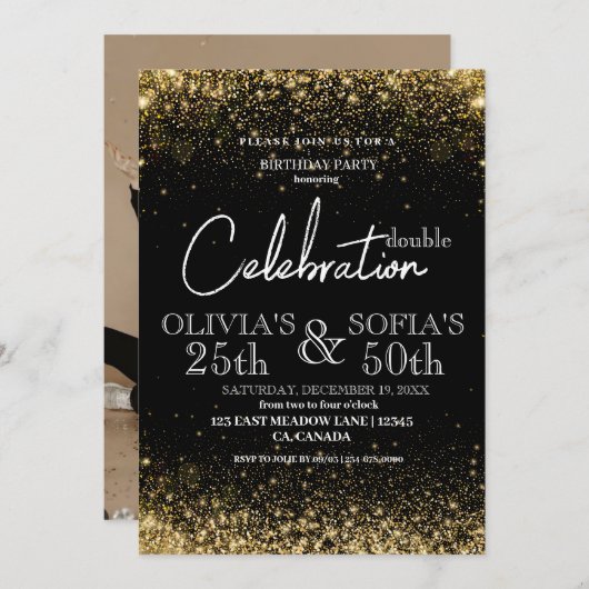 Invitation N'importe quel âge moderne Black Gold Parties scin (Devant / Derrière)