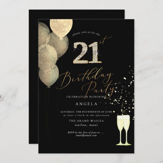 Invitation N'importe quel âge, or Parties scintillant Ballons (Devant / Derrière)