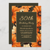 Invitation N'importe quel âge Orange Fleurs Brown 30e anniver (Devant / Derrière)