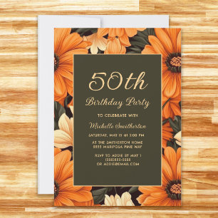 Invitation N'importe quel âge Orange Fleurs Brown 50e anniver