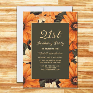 Invitation N'importe quel âge Orange Fleurs Brown Anniversair