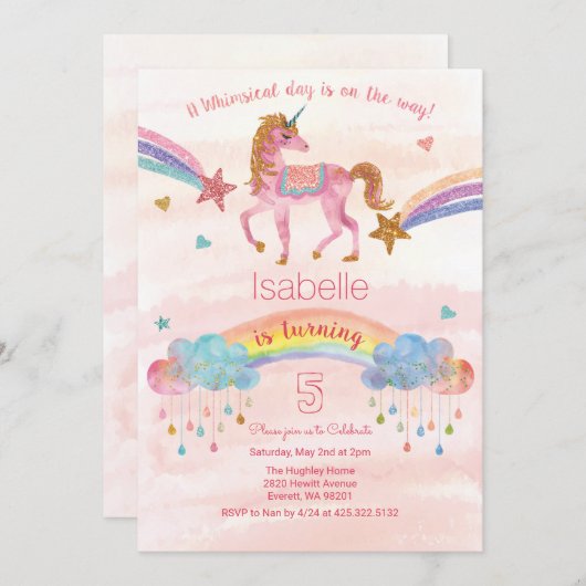 Invitation N'IMPORTE QUEL ÂGE - Parties scintillant Unicorn I (Devant / Derrière)