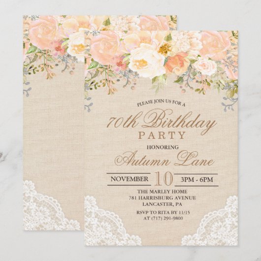 Invitation N'IMPORTE QUEL ÂGE - Peach Floral Lace Anniversair (Devant / Derrière)