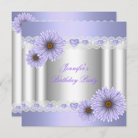 Invitation N'Importe Quel Âge Plutôt Argent Lilac Fleur d'ann (Devant / Derrière)