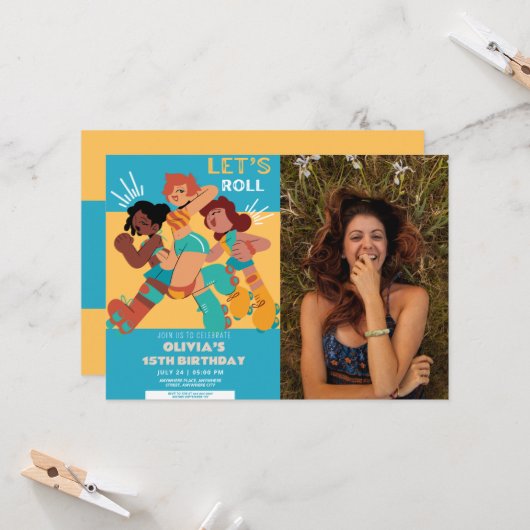 Invitation N'importe quel âge retro roller skate fille photo (Devant/Arrière en situation)