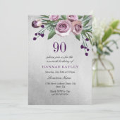 Invitation N'importe quel âge Rose d'argent pourpre 90e anniv (Debout devant)