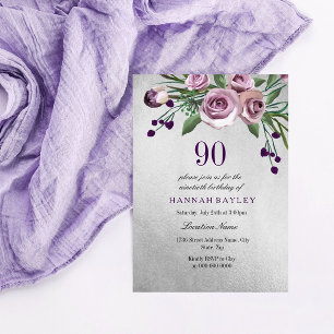Invitation N'importe quel âge Rose d'argent pourpre 90e anniv
