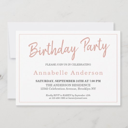 Invitation N'importe quel âge Rose rose rose moderne or étinc (Devant)