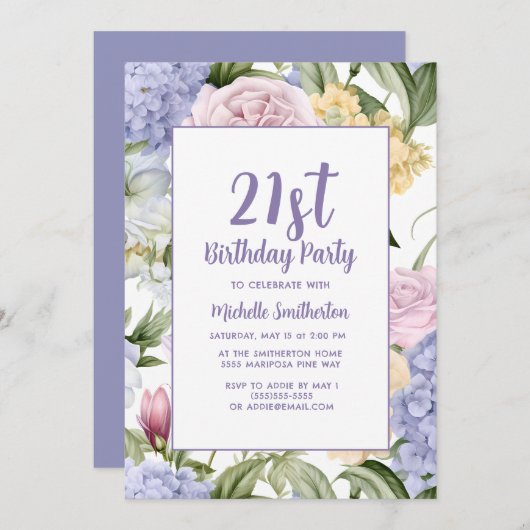 Invitation N'importe quel âge rose violet Roses Hydrangeas An (Devant / Derrière)