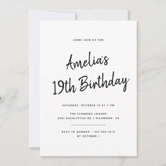 Invitation N'importe quel âge | Simple noir et blanc Script A (Devant)