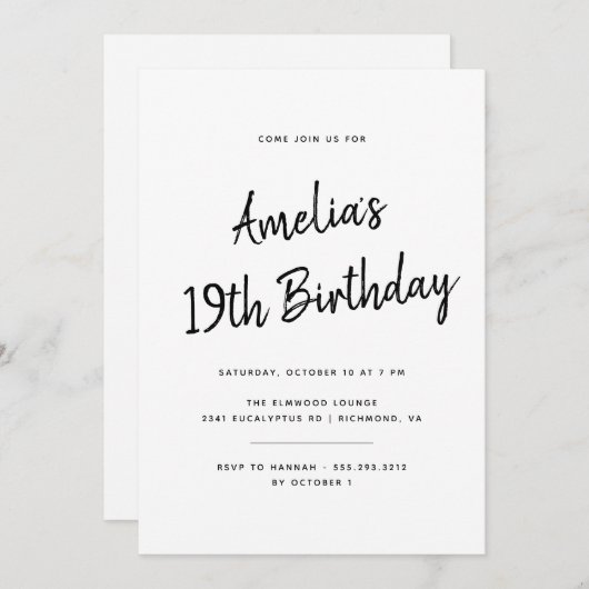 Invitation N'importe quel âge | Simple noir et blanc Script A (Devant / Derrière)
