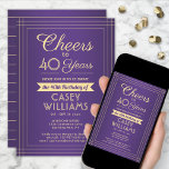 Invitation N'IMPORTE QUEL anniversaire encourage la frontière<br><div class="desc">Famille Invitation et amis à une fête d'anniversaire élégante avec des invitations personnalisées violet et or. Tout le libellé de ce modèle (y compris "Cheers to 40 Years") est mis en place pour un 40ème anniversaire, mais est simple à personnaliser pour n'importe quelle année ou type d'événement. Le design se...</div>