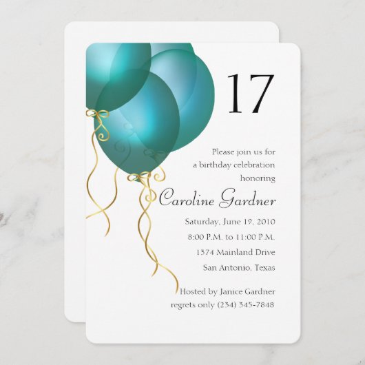 Invitation N'Importe Quel Nombre Ballons Turquoise Anniversai (Devant / Derrière)