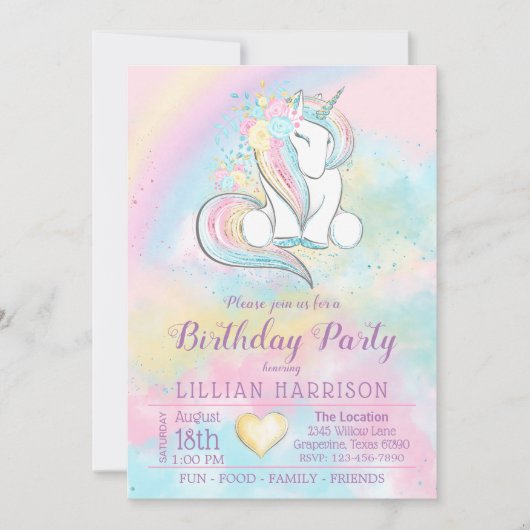 Invitation N'importe quel nombre Unicorn Rainbow Anniversaire (Devant)