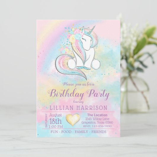 Invitation N'importe quel nombre Unicorn Rainbow Anniversaire (Debout devant)