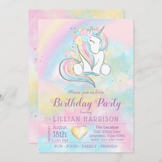 Invitation N'importe quel nombre Unicorn Rainbow Anniversaire (Devant / Derrière)